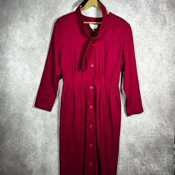 The‎ Cambridge Shop Wool Shirt Dress Womens Size 12 Red Belted Button Front Midi - Picture 1 of 9